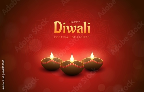 Red Happy Diwali design with burning diya lamps, bokeh and mandala effect. Festival of lights concept.