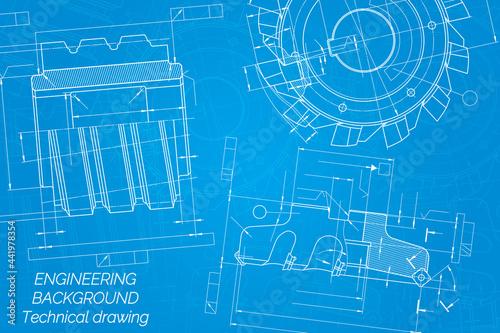 Mechanical engineering drawings on blue background. Cutting tools, milling cutter. Technical Design. Cover. Blueprint. Vector illustration.