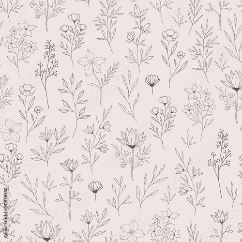 Seamless botanical pattern with flowers, leaves and herbs. Vector illustration.