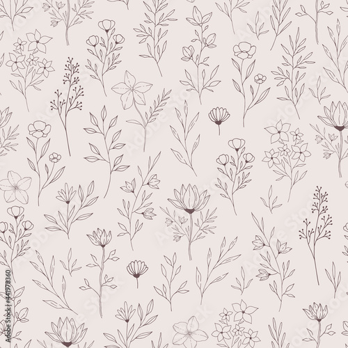 Seamless botanical pattern with flowers, leaves and herbs. Vector illustration.