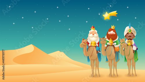 Three Wise Men or Three Kings or Mags bring gifts to the little born Jesus - desert landscape - vector illustration
