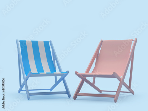 Two empty beach chairs striped and pink on blue. 3d illustration 