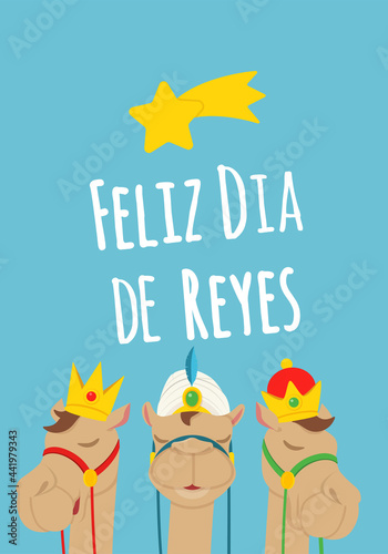 Cute Greeting card - Camels with Three Kings Crowns celebrate Epiphany - cartoon style