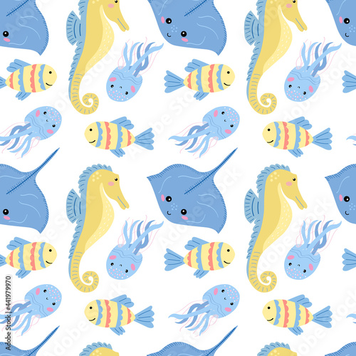 Seamless pattern with cute cartoon sea animals  vector graphics on a white background. For the design of childrens wallpaper  clothing  textiles  covers  wrapping paper  packaging.