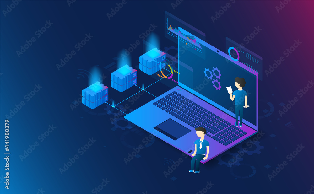 Isometric laptop with technician fix system on icon background.Futuristic concept.vector and illustration