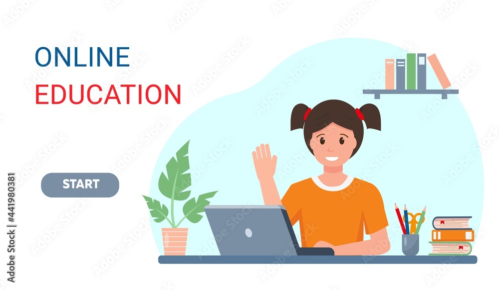 Smiling female pupil studying online at home banner Smiling female pupil studying online at home banner