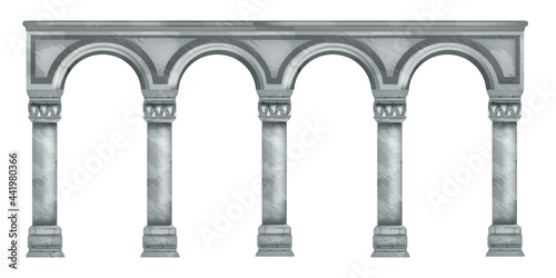 Vector marble column illustration, roman stone arch, ancient Greek temple pillar isolated on white. Classic architecture old colonnade, palace facade element. Marble column decoration design element