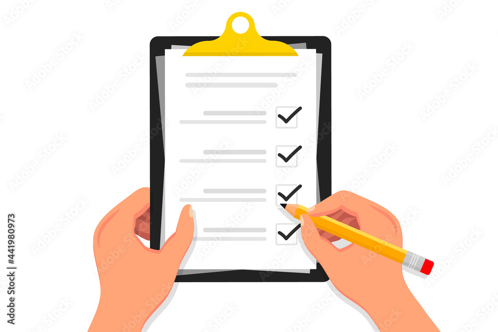 Checklist. Hands holding clipboard checklist with pencil. Check list with tick mark. Marking checkbox. Concept of quiz ,survey, to-do list or agreement. Businessman fills in checklist on paper sheet Checklist. Hands holding clipboard checklist with pencil. Check list with tick mark. Marking checkbox. Concept of quiz ,survey, to-do list or agreement. Businessman fills in checklist on paper sheet
