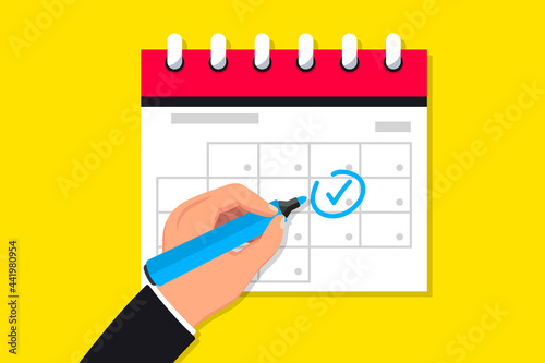 Calendar icon. Mark the date. Schedule icon. Agenda symbol for your web site of app. Arm marks date in Calendar. Time management. Deadline, schedule, important dates. Flat design, vector illustration