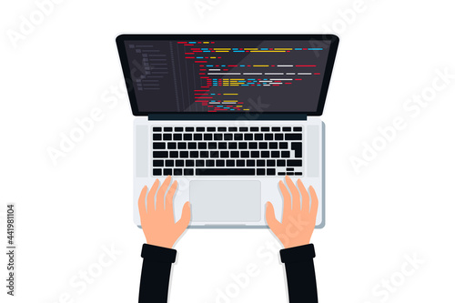 Programmer working on pc laptop with program code on screen top view. Web development, application design, coding and programming on computer concept with programming language and program code