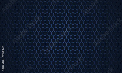 Dark blue hexagon carbon fiber metallic textured vector background. Navy blue honeycomb metal texture steel background. Dark blue hexagonal metal texture. Web design template. Vector illustration.