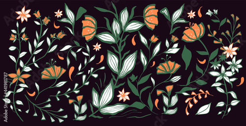Abstract nature set collection hand drawn. Ethnic ornament, floral print, textile fabric, botanical element. Vintage retro style. Image of flowers of leaves and other natural objects.  © Liliya