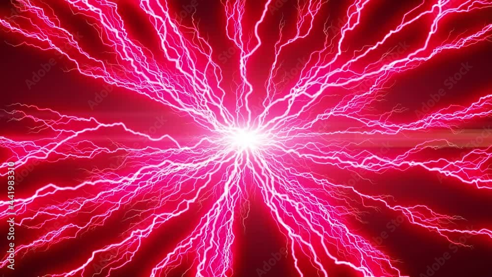 Red light sphere emitting red lightning bolts in all directions on black background. Cool VFX animation in 4k UHD