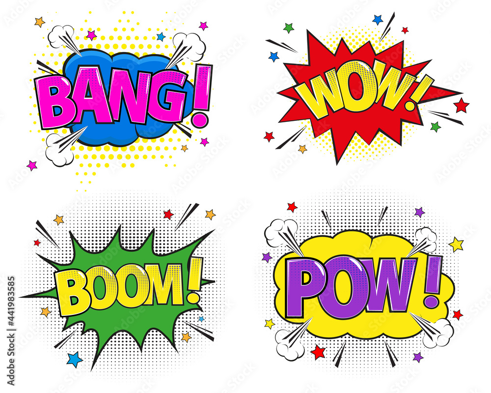 Comic speech bubbles set different emotions and text. Bright dynamic cartoon illustrations isolated on white background