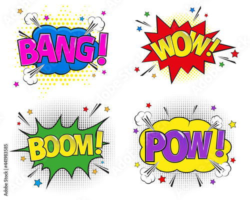 Obraz na płótnie Comic speech bubbles set different emotions and text. Bright dynamic cartoon illustrations isolated on white background w salonie