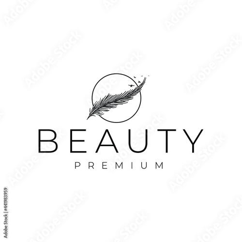 Simple Feather With Circle Shape And Bird Flying Drawing Logo Vector Illustration Template Icon Design