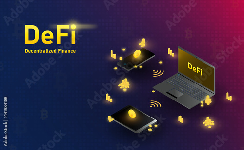 Futuristic Defi Blockchain hologram laptop smartphone and tablet connection. Future concept.vector and illustration