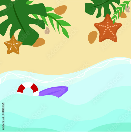 Tropical beach illustration with sand, sea, shells and palm trees. Summer flyer with the sea coast, beach holidays, summer ocean landscape.
