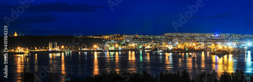 Panorama - Night City Murmansk, commercial sea port, Kola Bay.