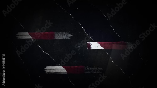 A looping dark motion background of torn dark blue wall with abstract red and white painted lines that hover over messages written long ago during times of war and hardship