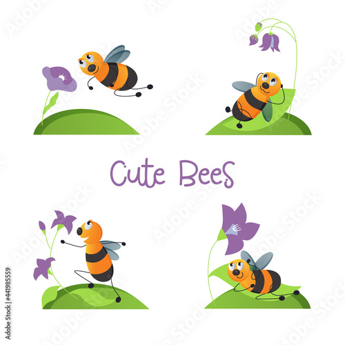 Cute bees with purple flowers on the hillock set