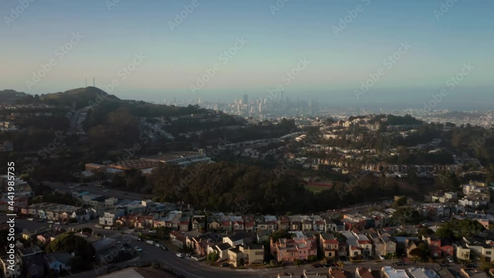 Aerial: flying over San Francisco suburbs towards the city. San Francisco, USA Aerial: flying over San Francisco suburbs towards the city. San Francisco, USA