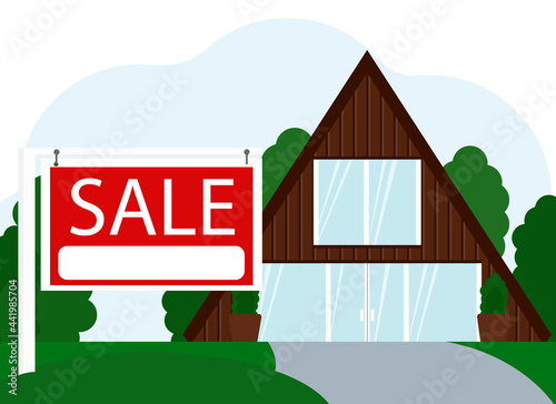 Illustration of the sale of a large residential building next to a sign with the text SALE