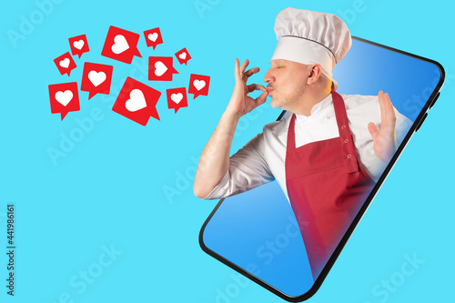 Man chef is leaning out of ...