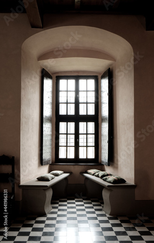 interior view of window in the old  Zavattarello  Medieval castle in small village in the hilly area of  Italian name  Castello del Verme - Oltrepo Pavese 