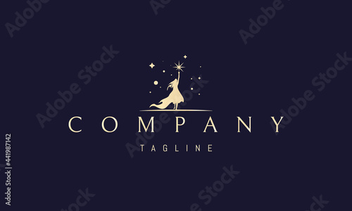 Vector golden logo on which an abstract image of a beautiful girl in a developing dress is reaching for a bright star.