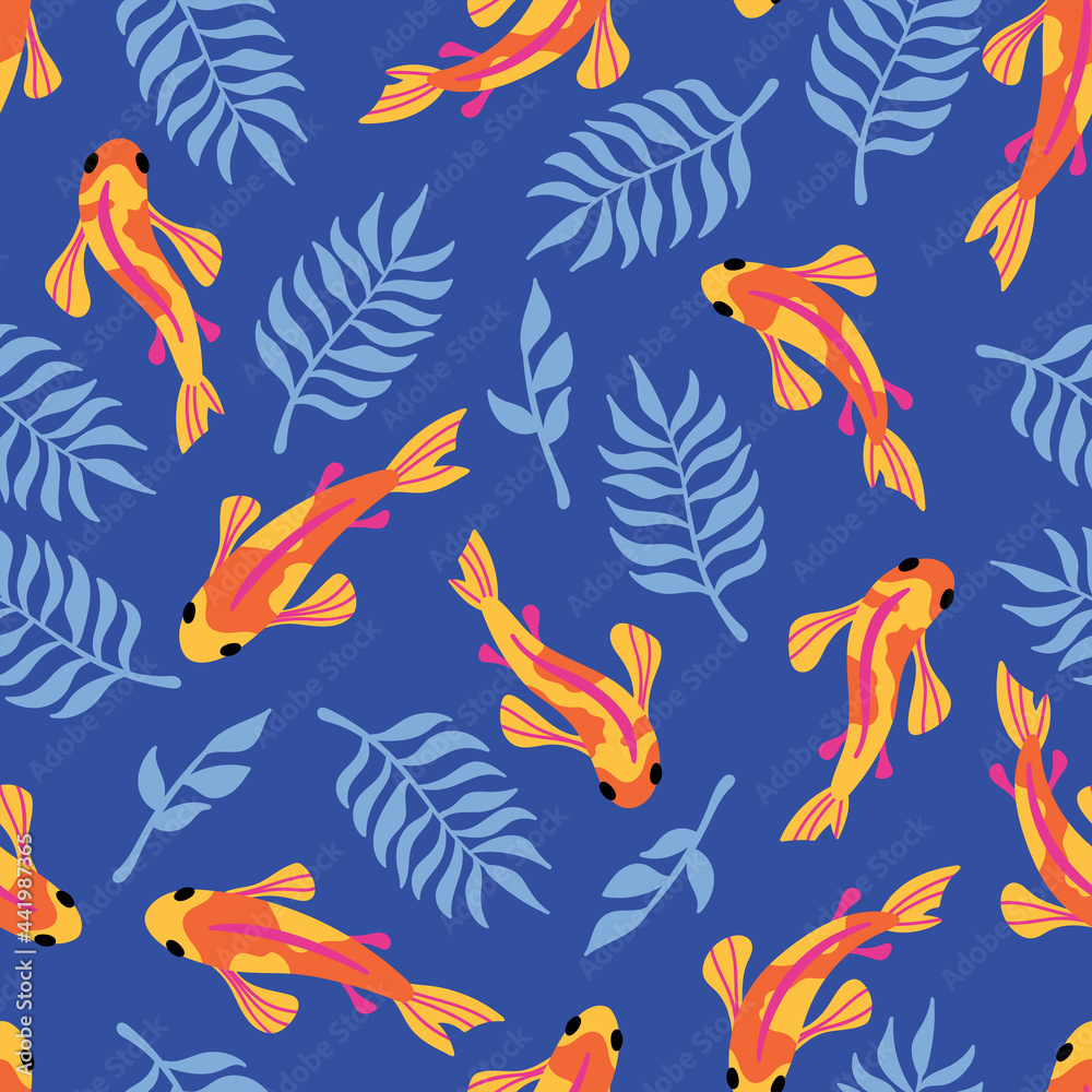 Seamless pattern with cute koi carps fish and leaves. Childish background for fabric, wrapping paper, textile, wallpaper and apparel
