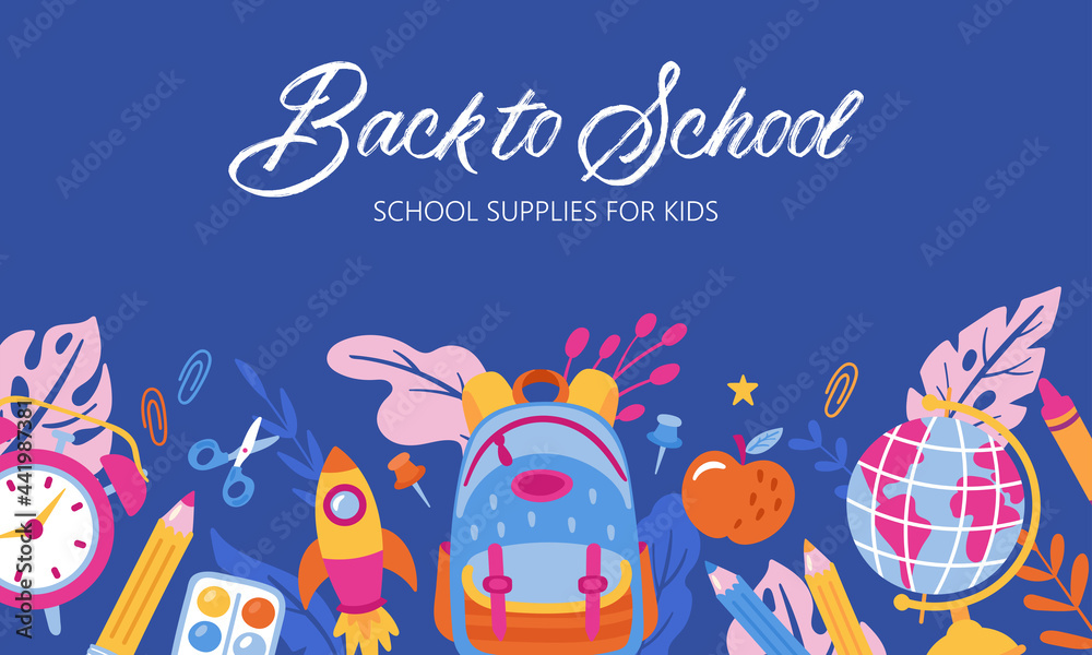 Fototapeta premium Back to school cute banner design. Childish print for cards, posters and background template