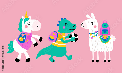 Cute llama  unicorn and dinosaur character design with backpack. Back to school concept. Childish print for t-shirt  apparel  cards and nursery decoration