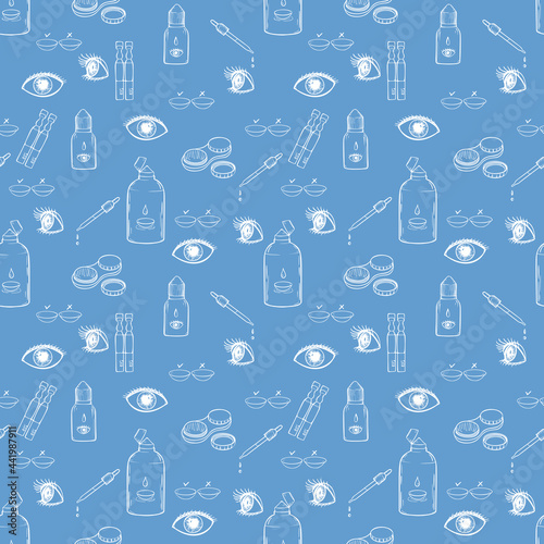 Seamless pattern with contact lenses, eyes and health care devises. Ophthalmology background. vector illustration.