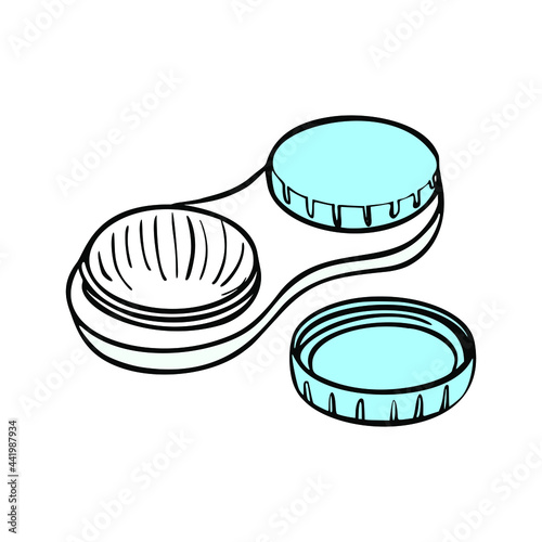 Contact lenses and eye care hand drawn cartoon icon. Health care ophthalmology vector illustration.