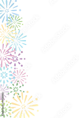 花火 夏 水彩 カラフル 背景 ポストカード 縦/ Hand-Drawn Watercolor Colorful Summer Fireworks Festival Postcard - Vertical - Vector Image