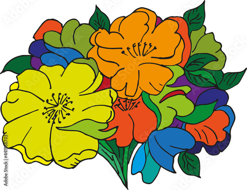 vector illustration of garden flowers, handwritten composition of flowers on a postcard