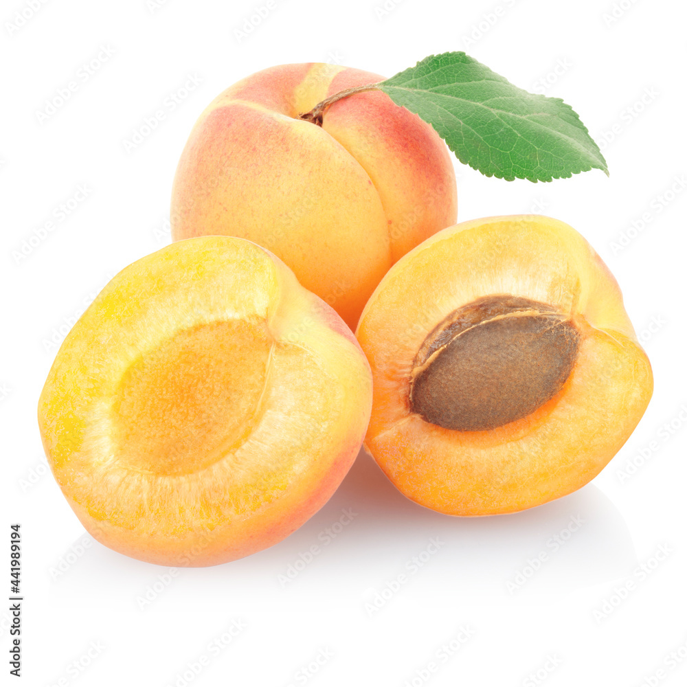 Apricot fruit with leaf isolated on white, clipping path included