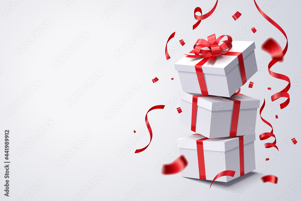 Falling gift box stack on white, Valentine's day and anniversary celebrate