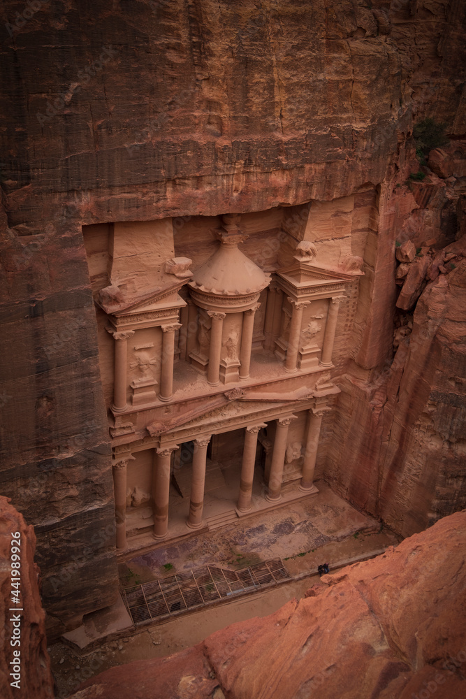 The famous treasury in Petra Jordan, top view The famous treasury in Petra Jordan, top view