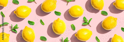 Fototapeta Naklejka Na Ścianę i Meble -  Fresh yellow lemons with mints overhead view