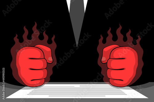 Clenched red fists of angry furious man and document on table