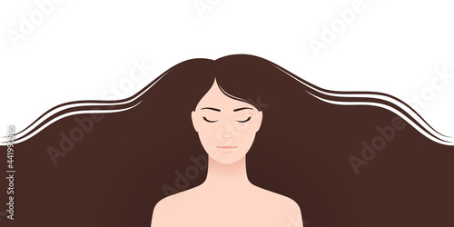 Beautiful young woman with dark long loose hair over white background