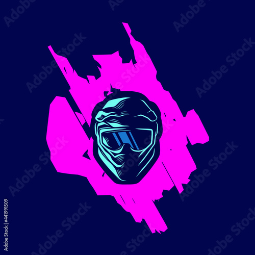 Motocross helmet trail fullface adventure line pop art potrait logo colorful design with dark background. Abstract vector illustration.