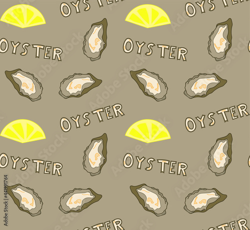 Seamless pattern with fresh oysters shell and lemon. Vector package, banner, cover, wrapping paper template with trendy seafood elements.