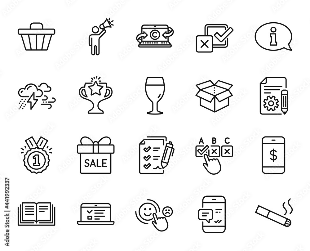 Vector set of Sale offer, Approved and Information line icons set. Checkbox, Open box and Web lectures icons. Survey checklist, Victory and Education signs. Sale offer web symbol. Vector