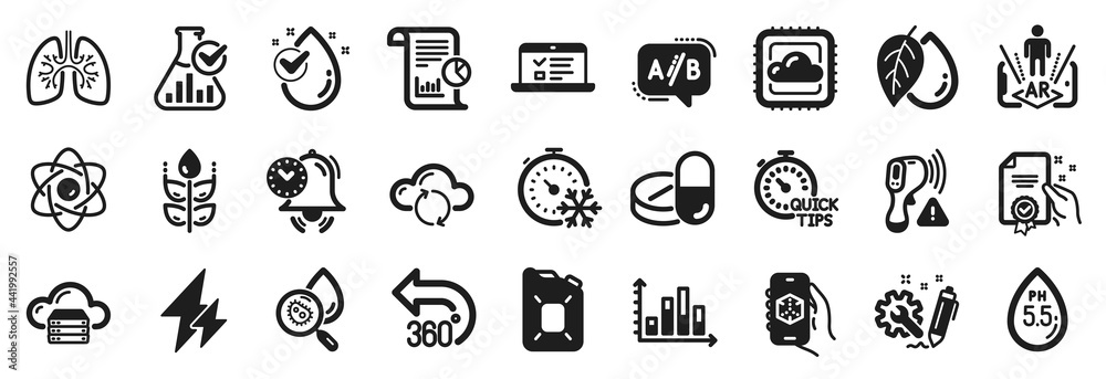 Set of Science icons, such as 3d app, Electricity, Diagram graph icons. Engineering, Canister oil, Time management signs. Quick tips, Cloud server, Web lectures. Cloud computing, Atom core. Vector