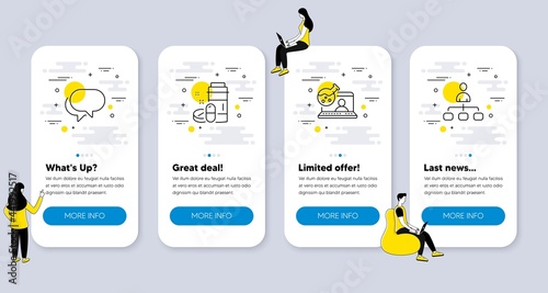 Set of Business icons, such as Medical drugs, Online chemistry, Talk bubble icons. UI phone app screens with people. Management line symbols. Medicine bottle, Lab flask, Chat message. Agent. Vector