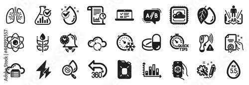 Set of Science icons, such as 3d app, Electricity, Diagram graph icons. Engineering, Canister oil, Time management signs. Quick tips, Cloud server, Web lectures. Cloud computing, Atom core. Vector
