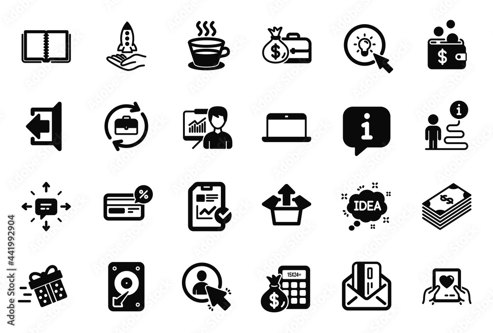 Vector Set of simple icons related to Salary, Cashback and Send box icons. Dollar, Presentation and Finance calculator signs. Energy, Love mail and Idea. User, Present delivery and Hdd. Vector